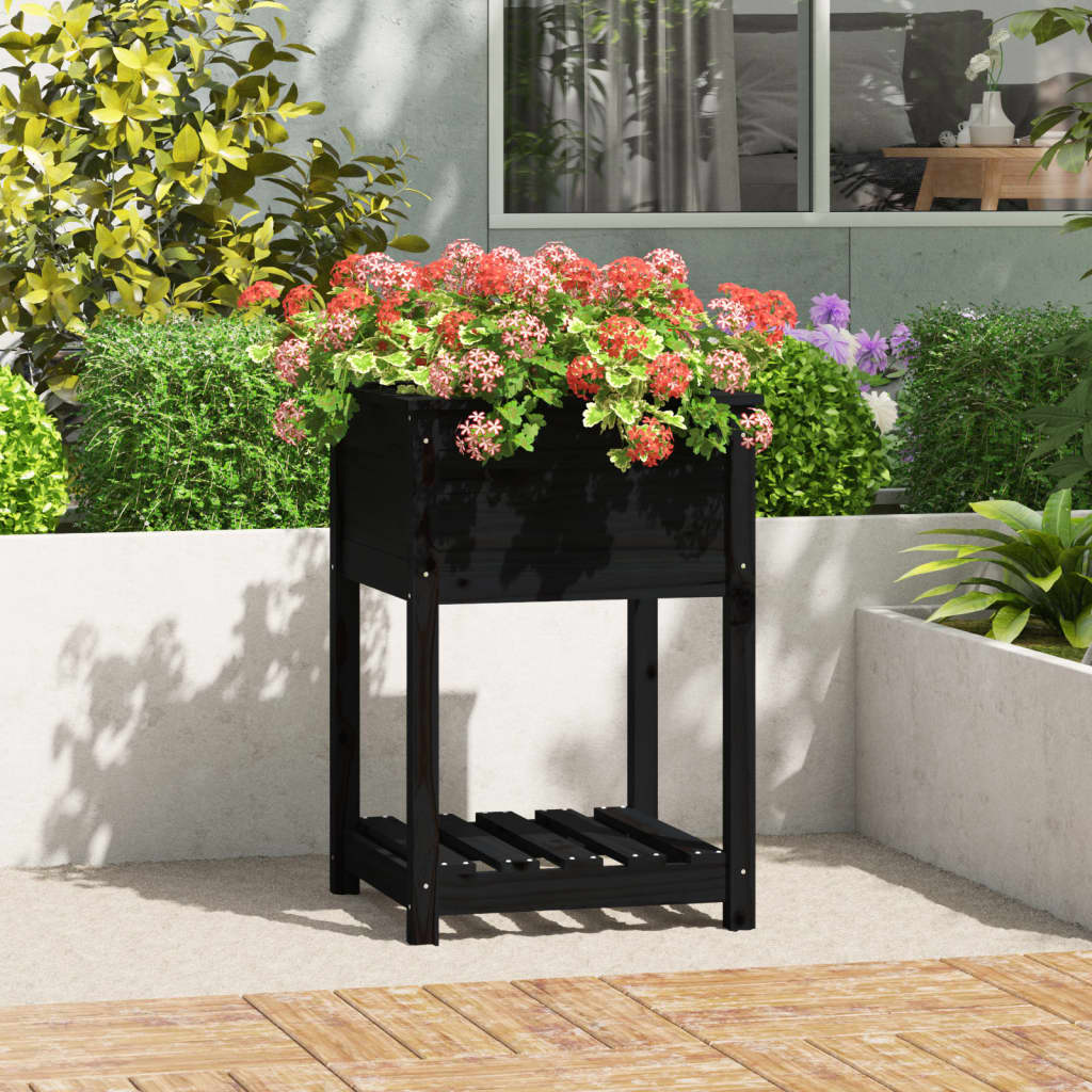 Plantekasse med hylle svart 54x54x81 cm heltre furu