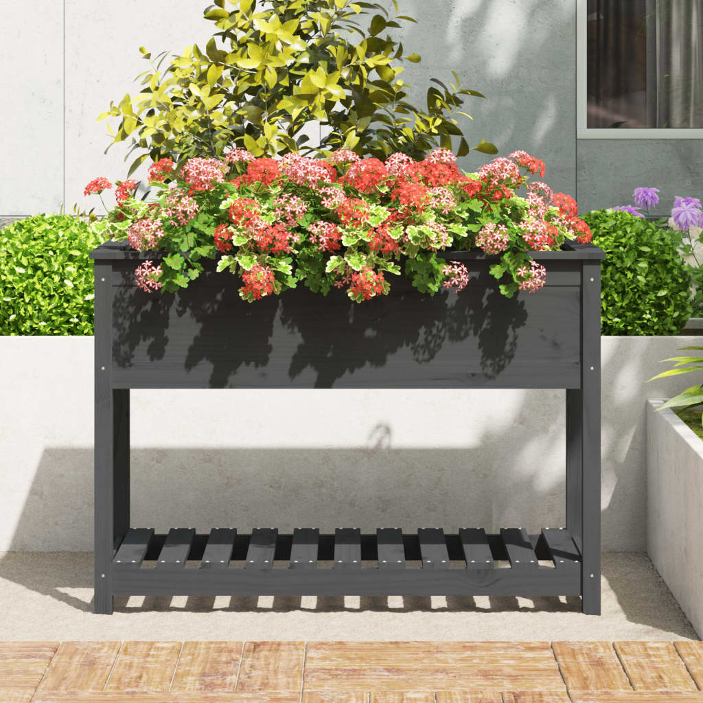 Plantekasse med hylle svart 111,5x54x81 cm heltre furu
