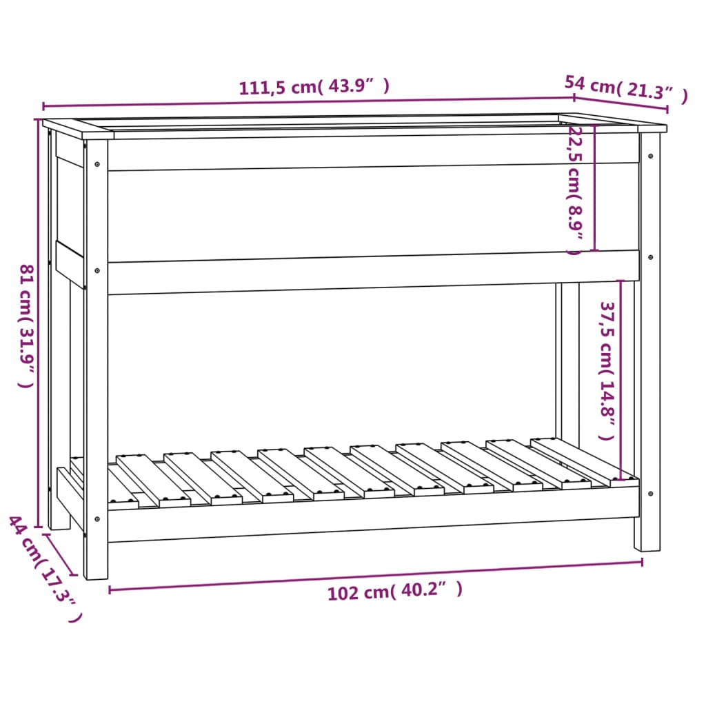 Plantekasse med hylle svart 111,5x54x81 cm heltre furu