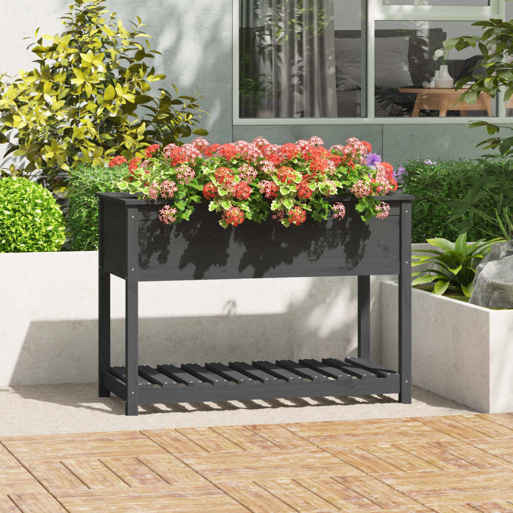Plantekasse med hylle svart 111,5x54x81 cm heltre furu