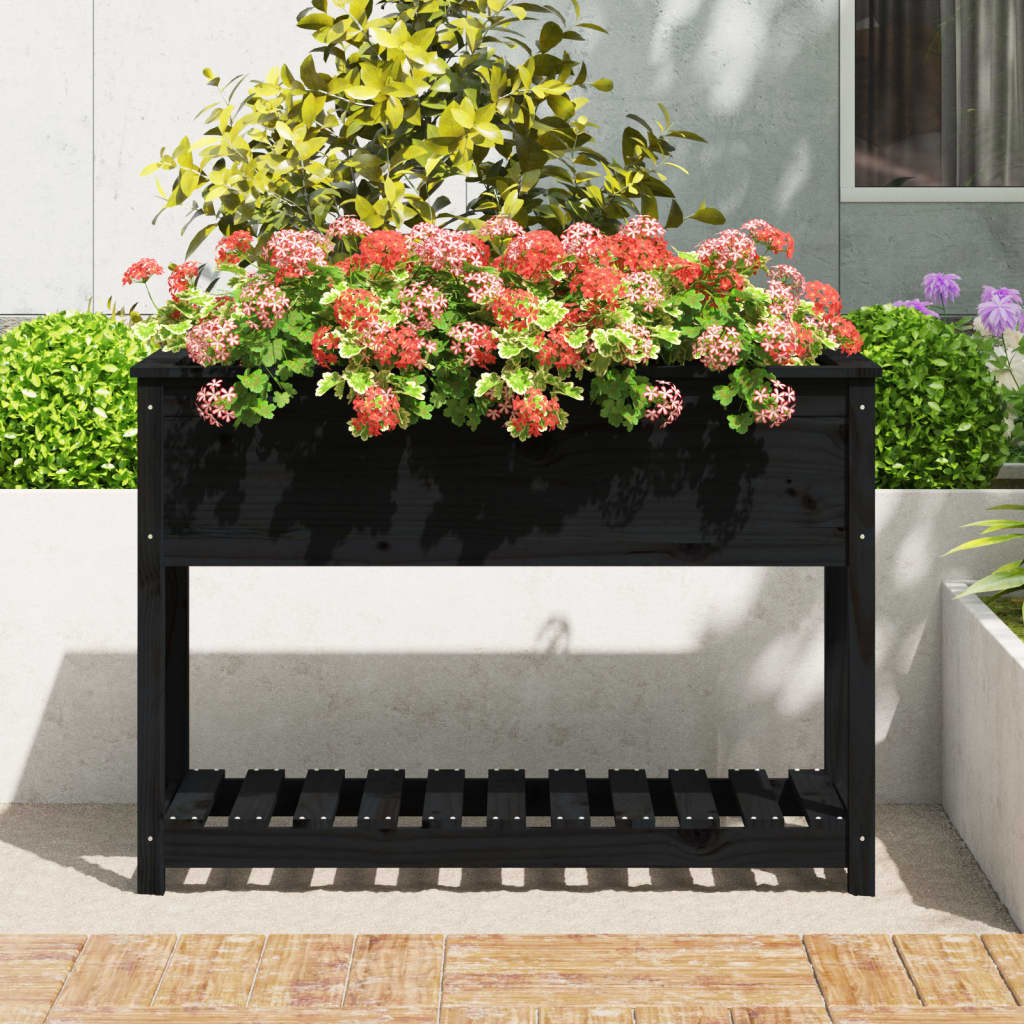 Plantekasse med hylle svart 111,5x54x81 cm heltre furu
