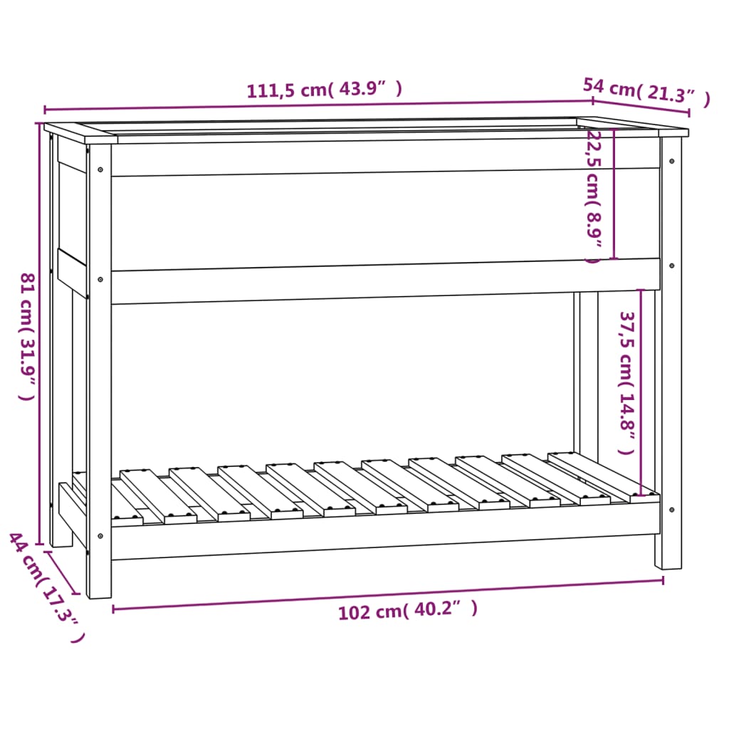 Plantekasse med hylle svart 111,5x54x81 cm heltre furu