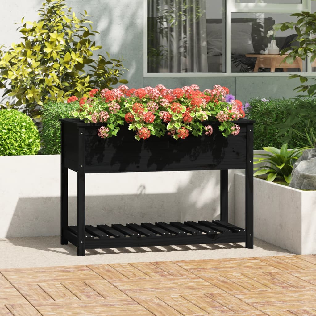 Plantekasse med hylle svart 111,5x54x81 cm heltre furu