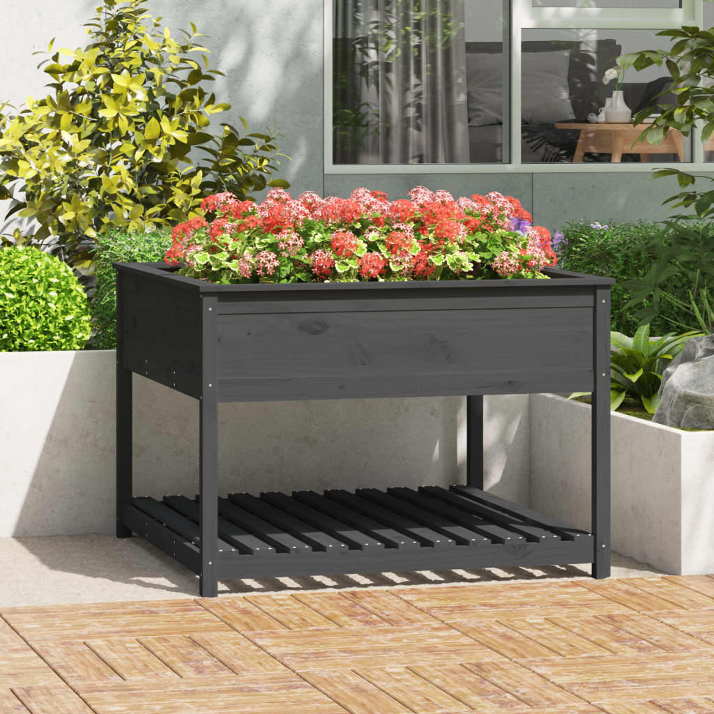 Plantekasse med hylle grå 111,5x111,5x81 cm heltre furu