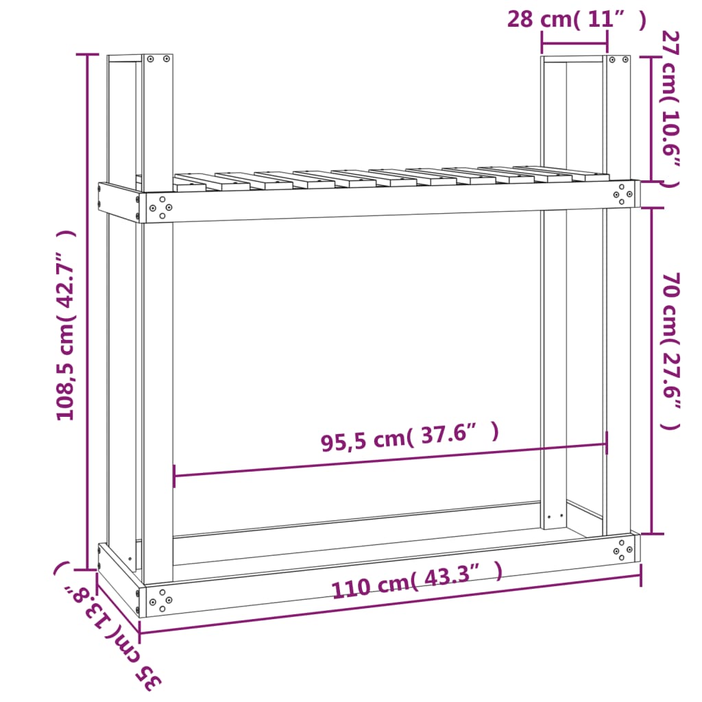 Vedstativ grå 110x35x108,5 cm heltre furu