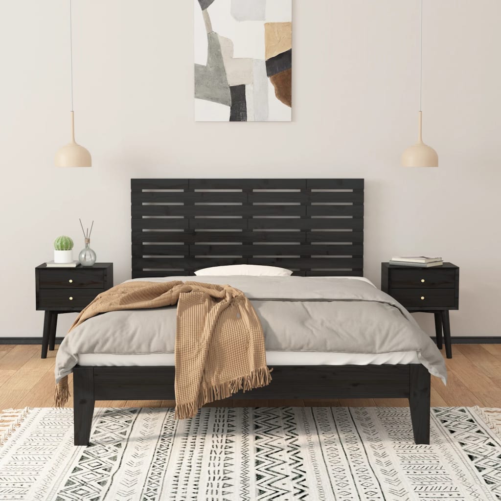 Veggmontert sengegavl svart 146x3x63 cm heltre furu