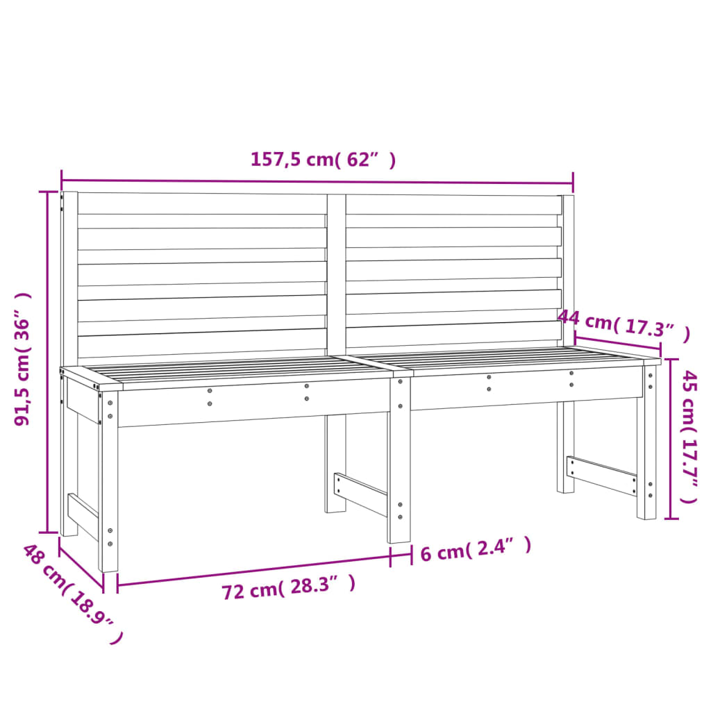 Hagebenk hvit 157,5 cm heltre furu