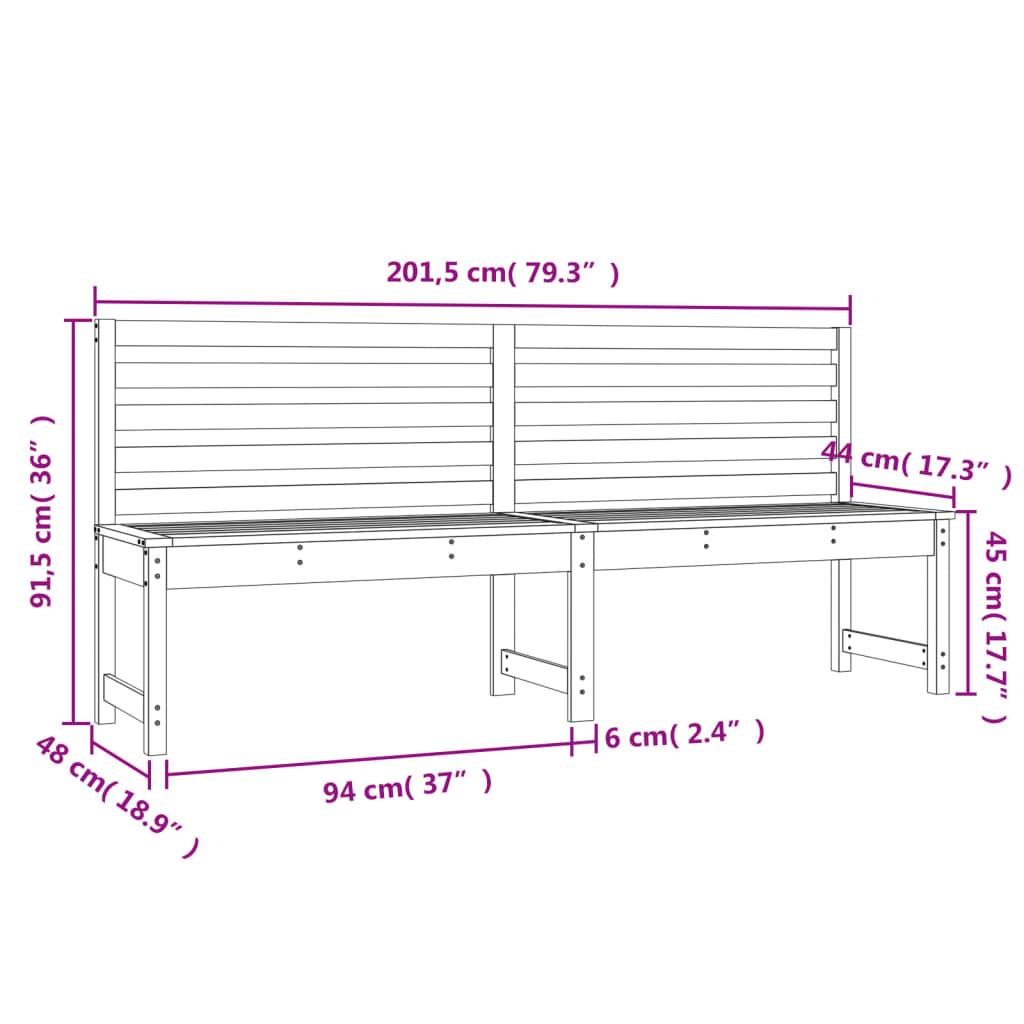 Hagebenk hvit 201,5 cm heltre furu