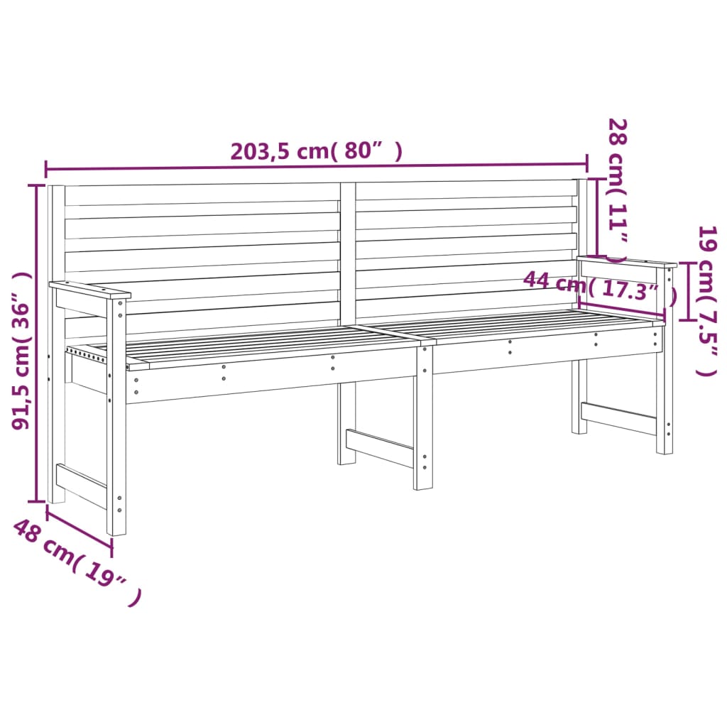 Hagebenk 203,5x48x91,5 cm heltre furu