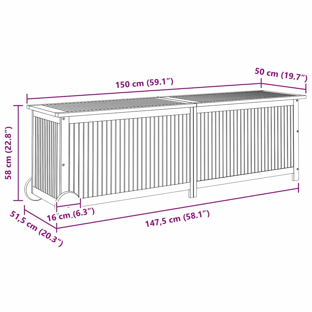 Putekasse med hjul 150x50x58 cm heltre akasie