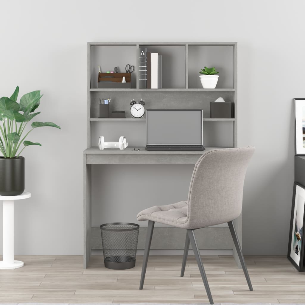 Skrivebord med hyller betonggrå 102x45x148 cm konstruert tre