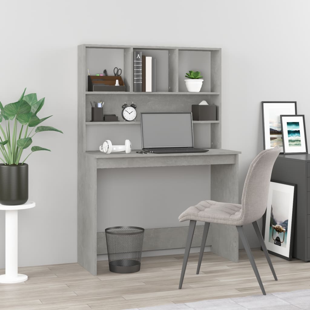 Skrivebord med hyller betonggrå 102x45x148 cm konstruert tre