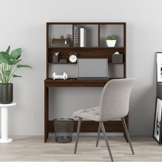 Skrivebord med hyller brun eik 102x45x148 cm konstruert tre