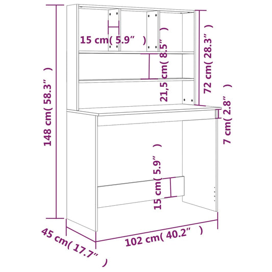 Skrivebord med hyller brun eik 102x45x148 cm konstruert tre