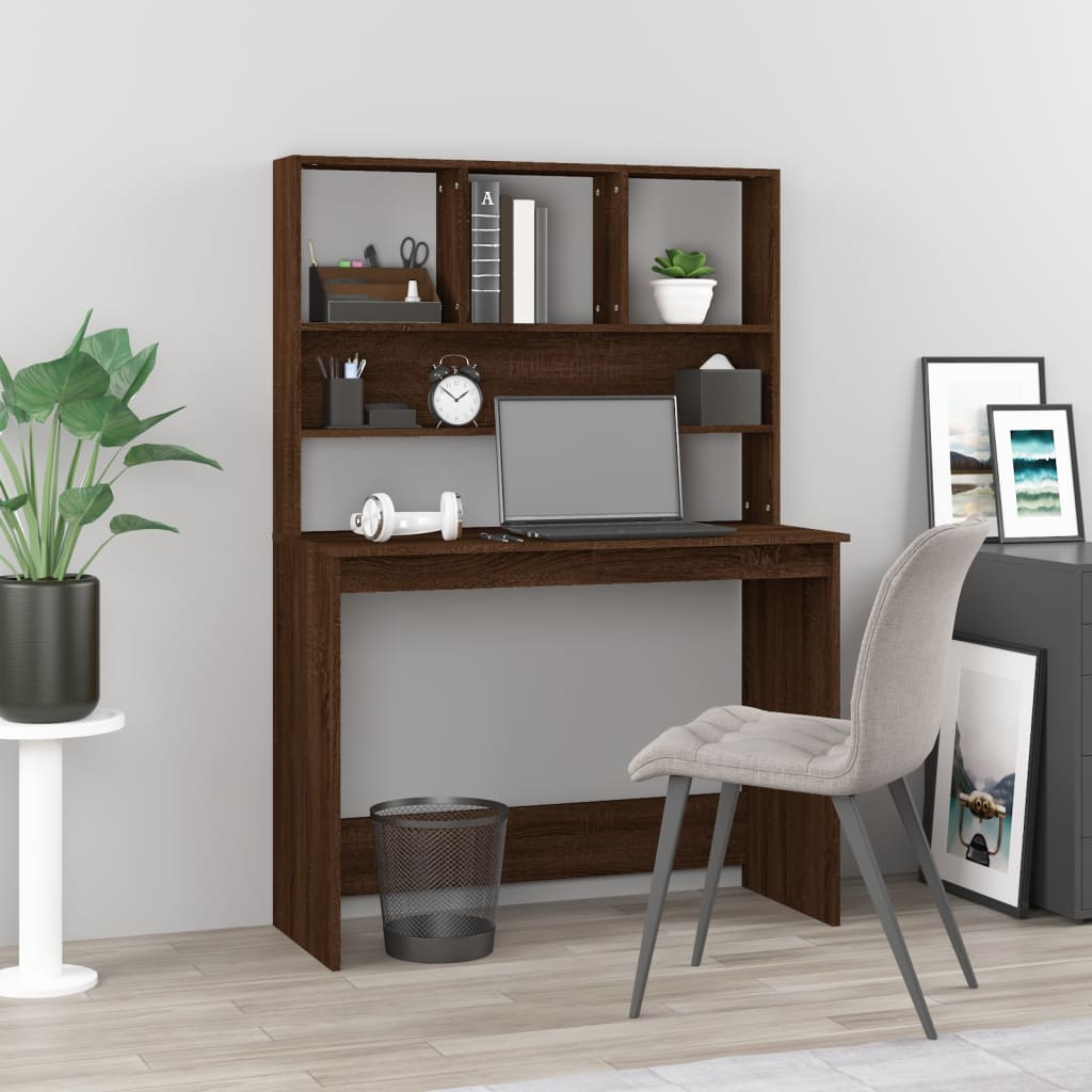 Skrivebord med hyller brun eik 102x45x148 cm konstruert tre