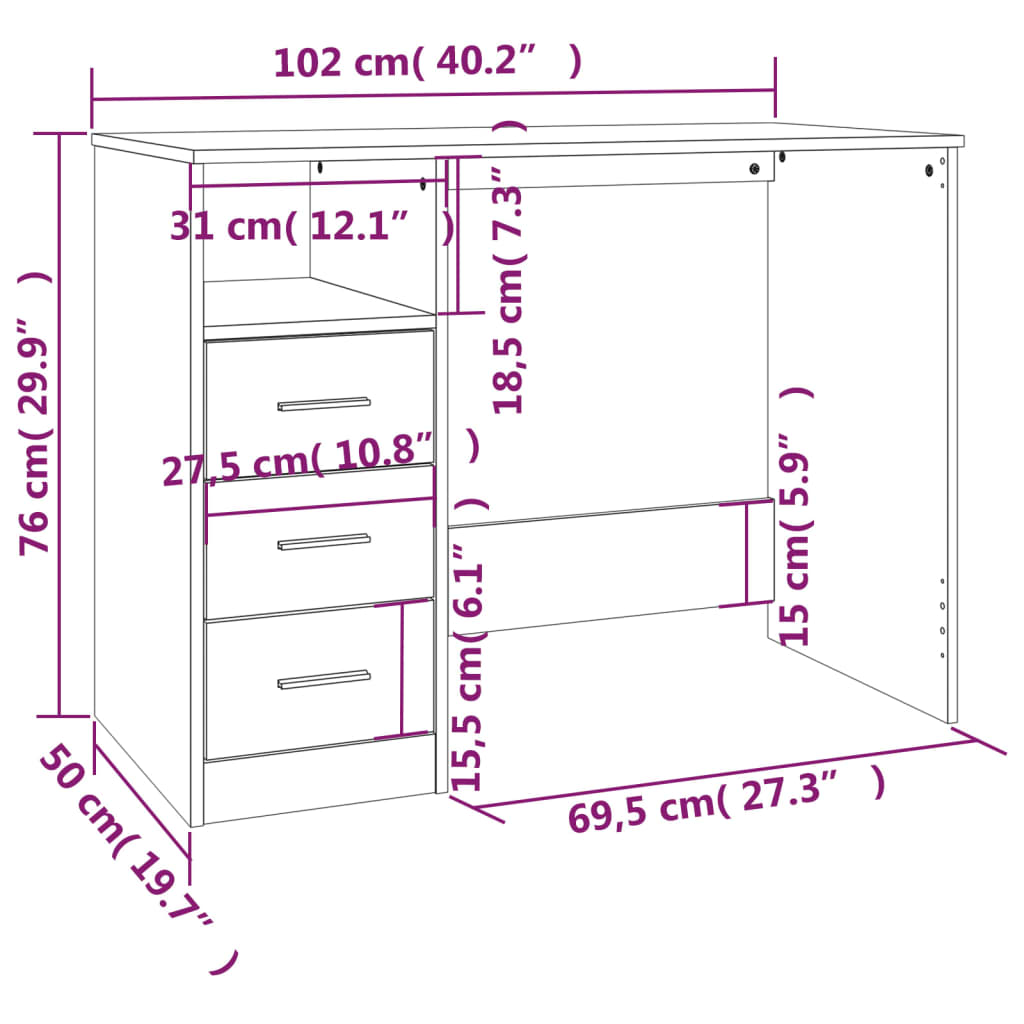 Skrivebord med skuffer sonoma eik 102x50x76 cm konstruert tre