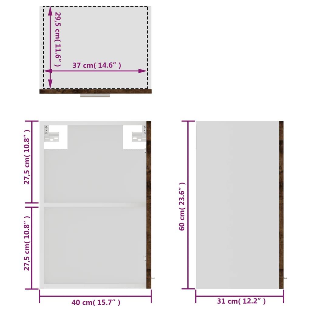 Vegghengt glasskap røkt eik 40x31x60 cm konstruert tre