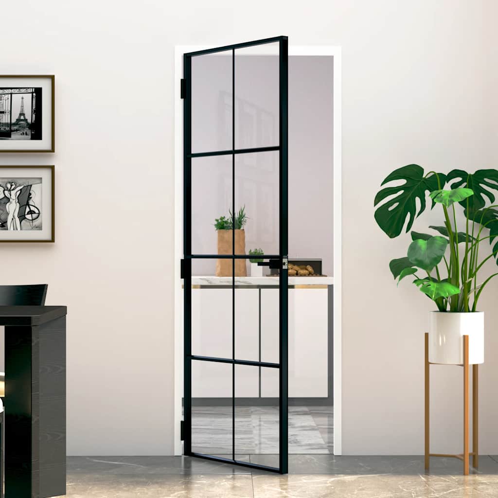 Innerdør svart 76x201,5 cm herdet glass og aluminium slank