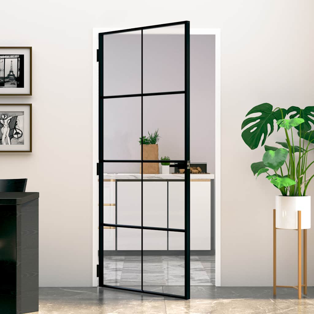 Innerdør svart 93x201,5 cm herdet glass og aluminium slank