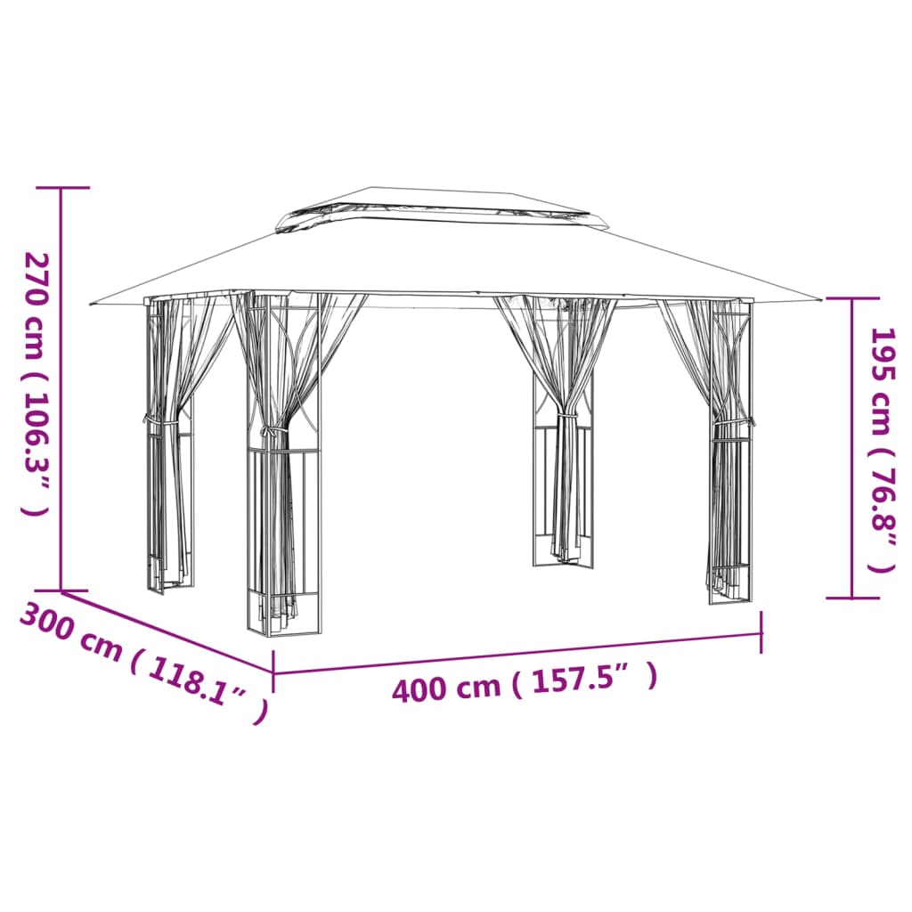 Paviljong med sidevegger antrasitt 400x300x270 cm stål