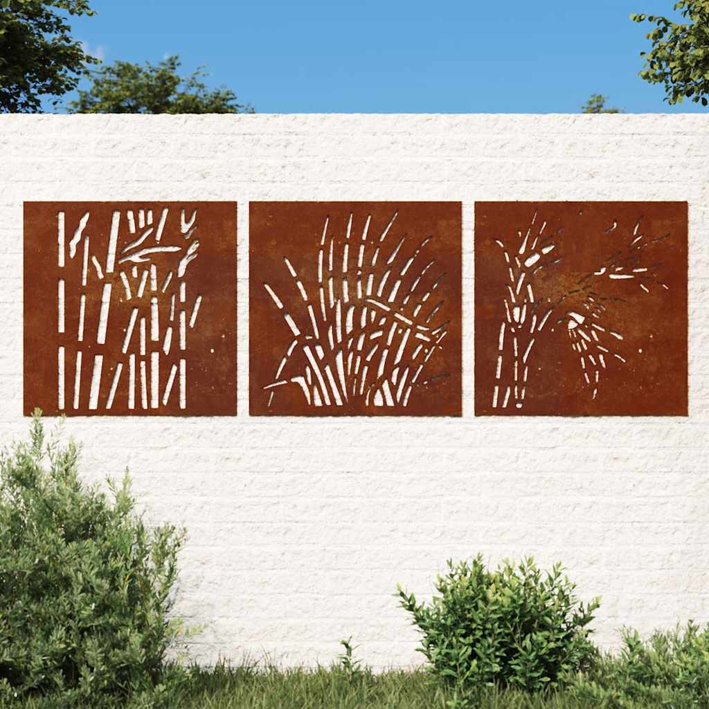 Veggdekorasjoner til hage 3 stk 55x55 cm cortenstål gressdesign