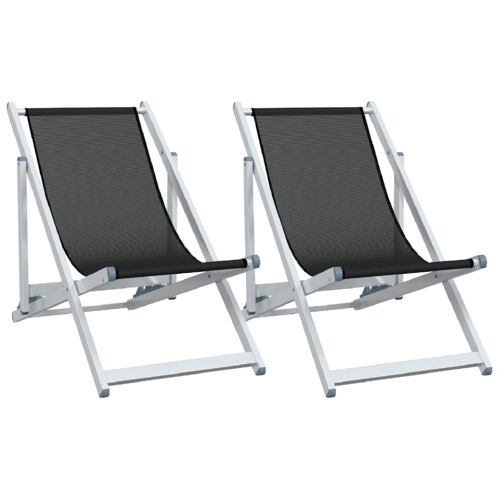 Sammenleggbare strandstoler 2 stk svart aluminium og textilene