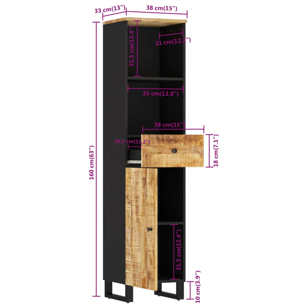 Baderomsskap 38x33x160 cm heltre mango