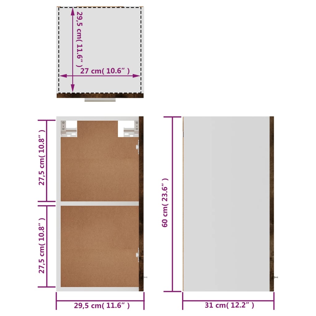 Vegghengt skap "Lyon" røkt eik 29,5x31x60 cm konstruert tre
