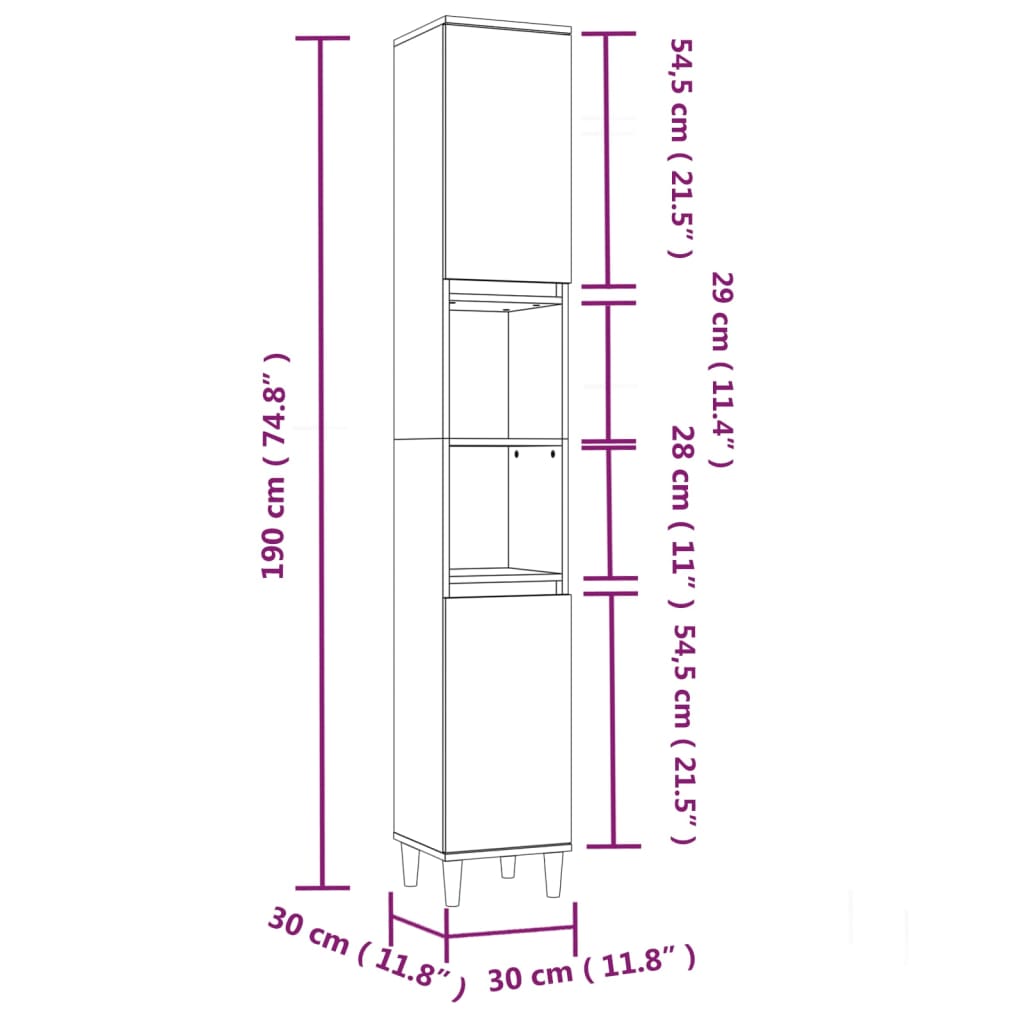 Baderomsskap brun eik 30x30x190 cm konstruert tre