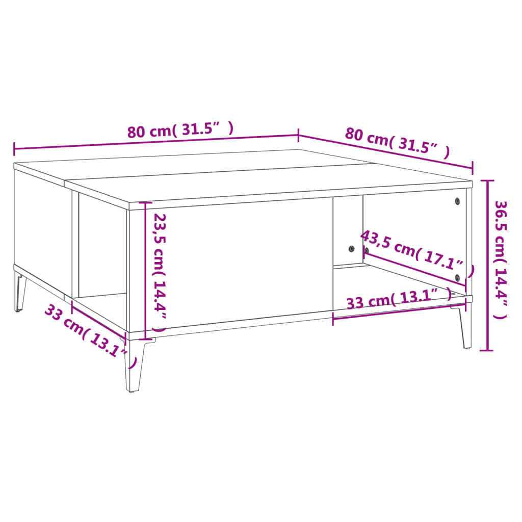 Salongbord hvit 80x80x36,5 cm konstruert tre