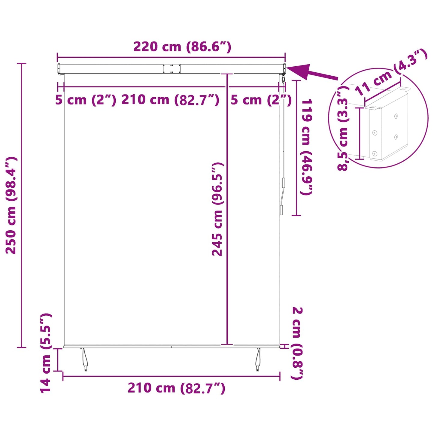 Rullegardin Krem 200 x 250 cm Stoff og Aluminium