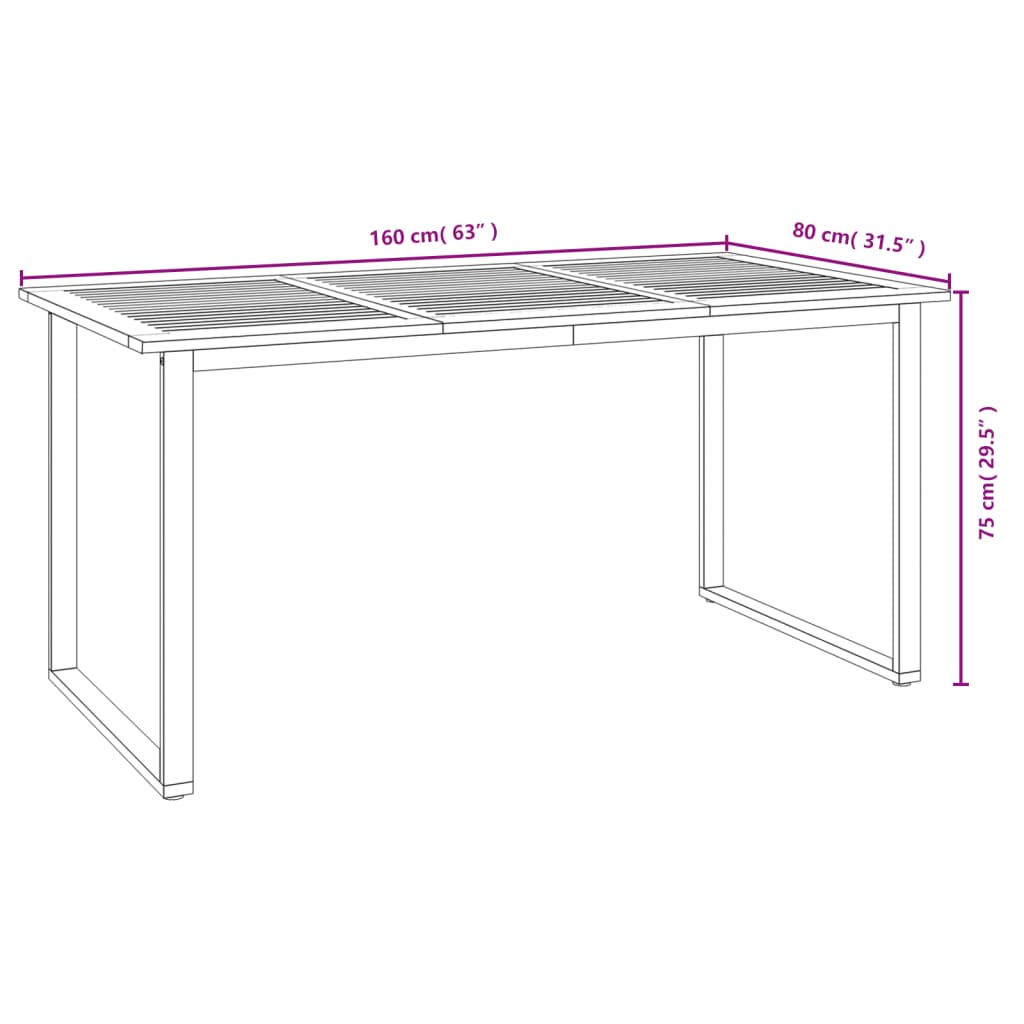Hagebord med U-ben 160x80x75 cm heltre akasie