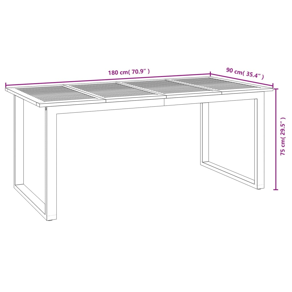Hagebord med U-ben 180x90x75 cm heltre akasie