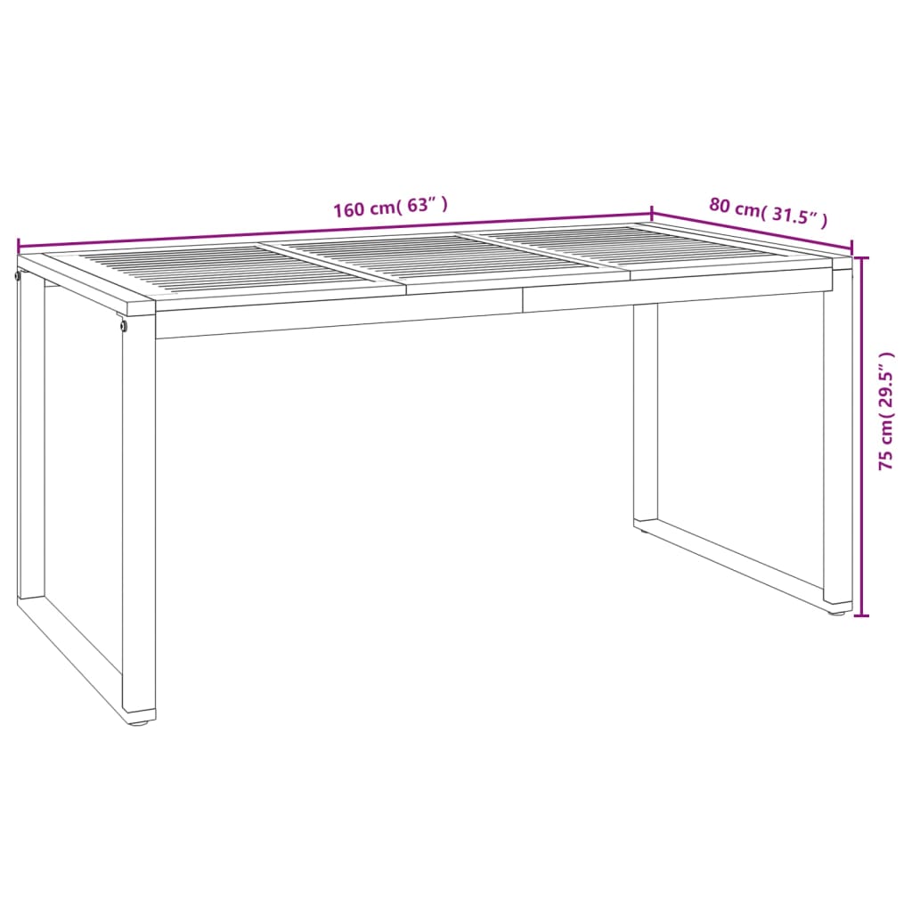Hagebord med U-ben 160x80x75 cm heltre akasie vidaXL