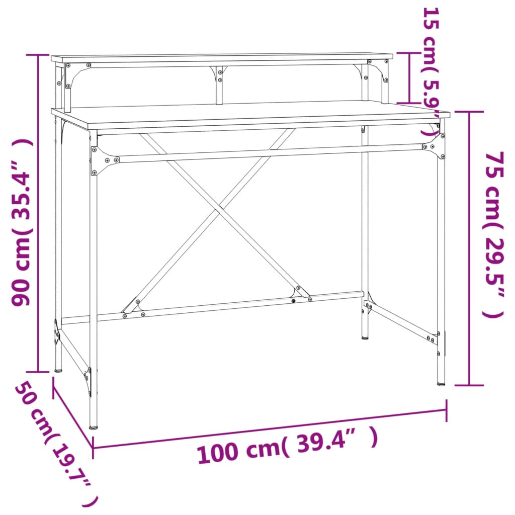 Skrivebord sonoma eik 100x50x90 cm konstruert tre og jern