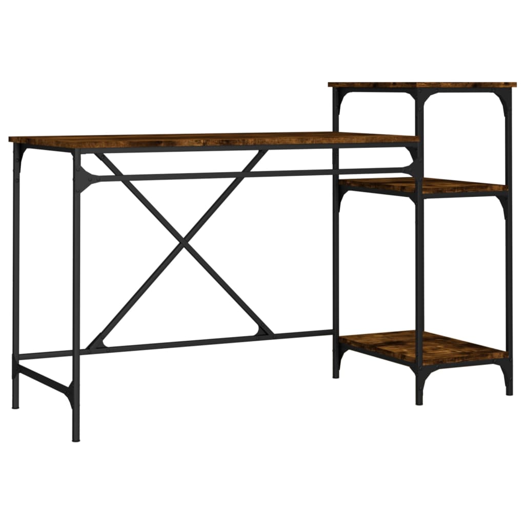 Skrivebord med hyller røkt eik 135x50x90 cm konstruert tre jern
