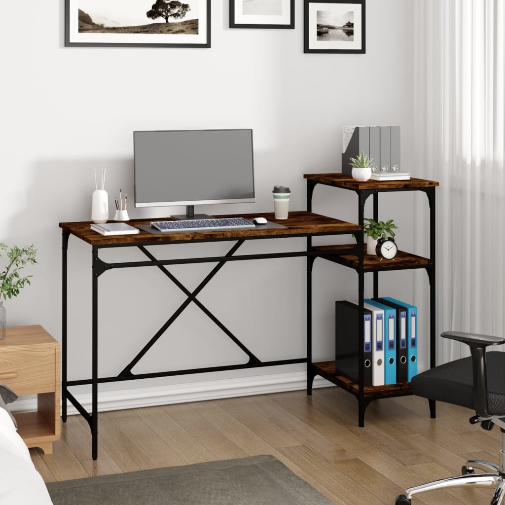 Skrivebord med hyller røkt eik 135x50x90 cm konstruert tre jern