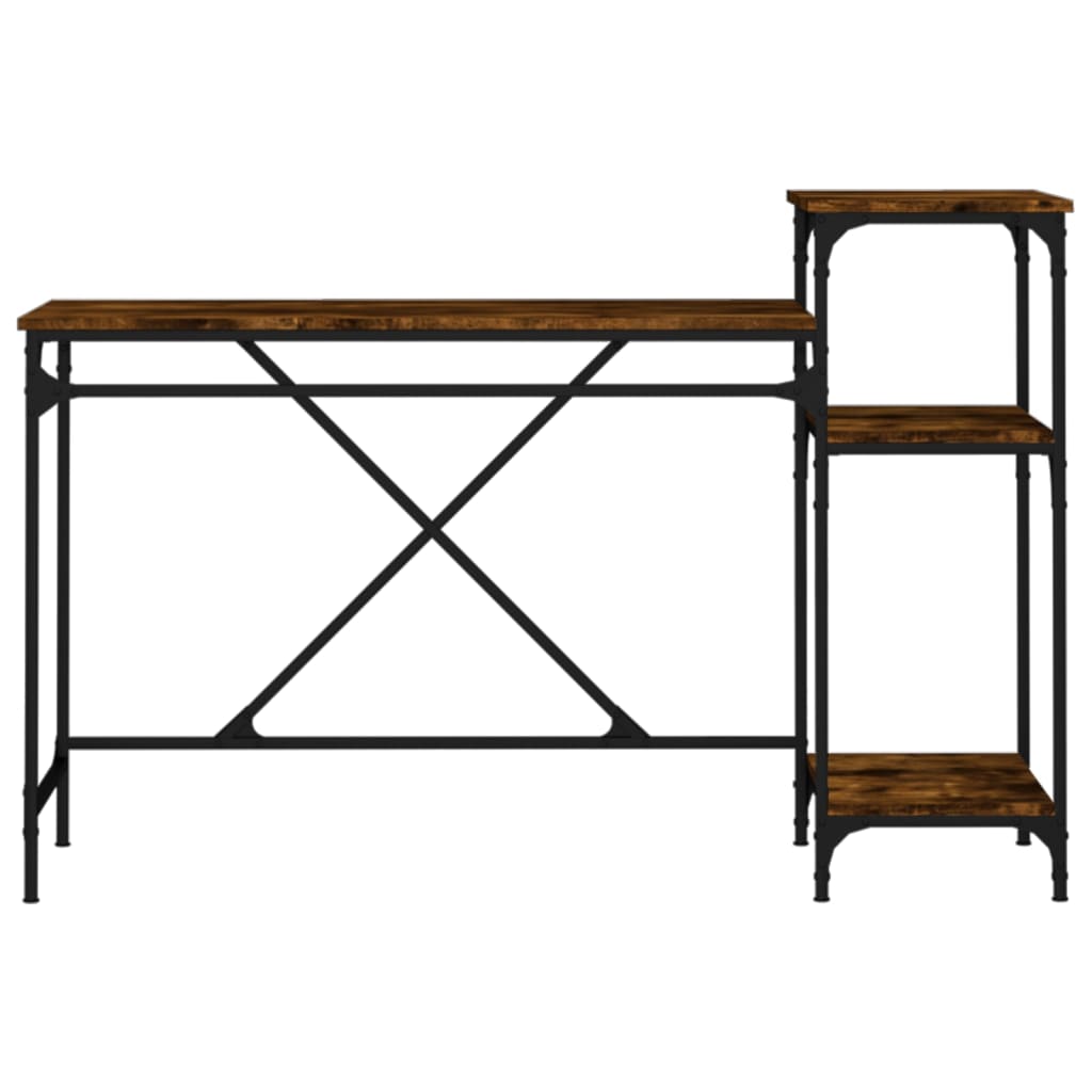 Skrivebord med hyller røkt eik 135x50x90 cm konstruert tre jern