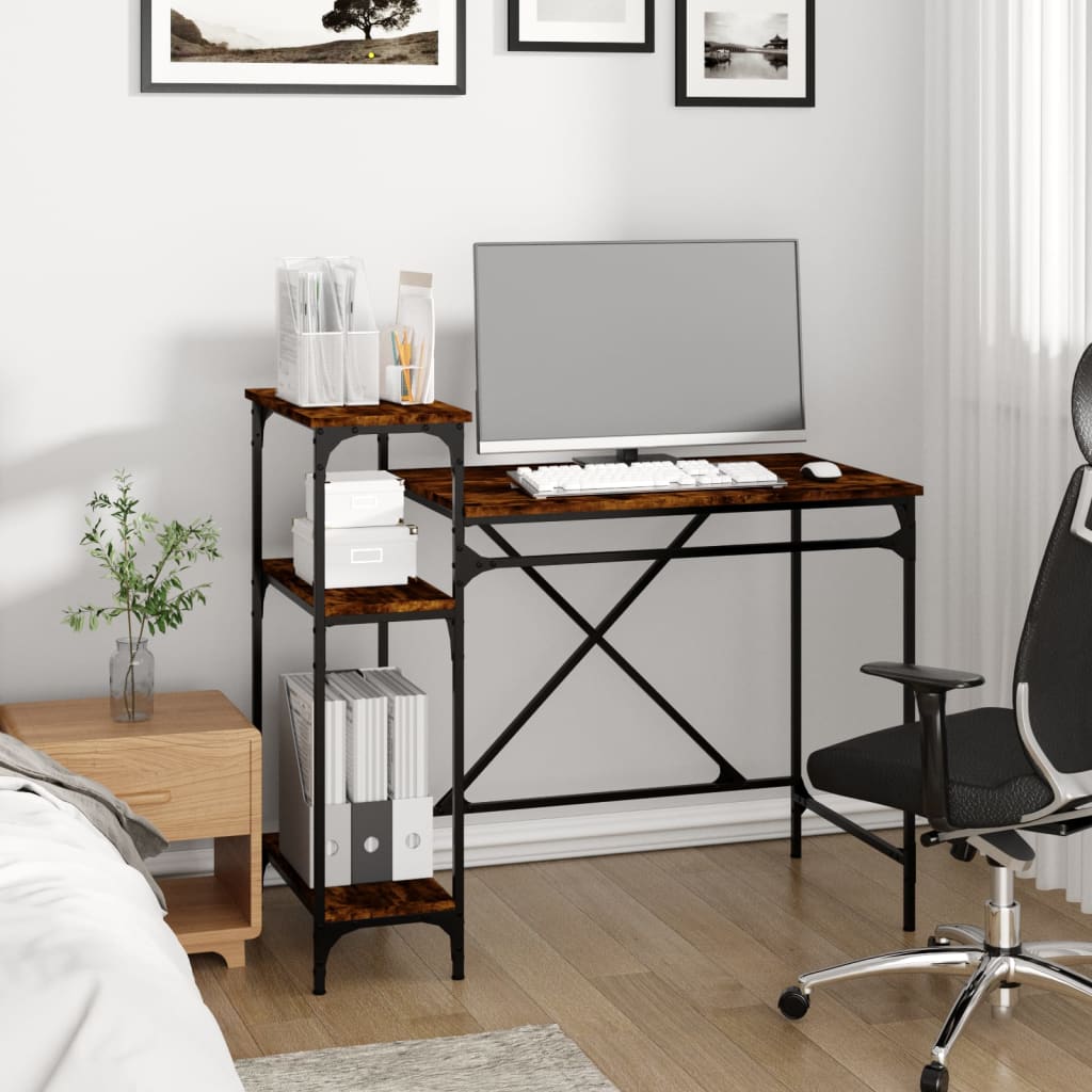 Skrivebord med hyller røkt eik 105x50x90 cm konstruert tre jern