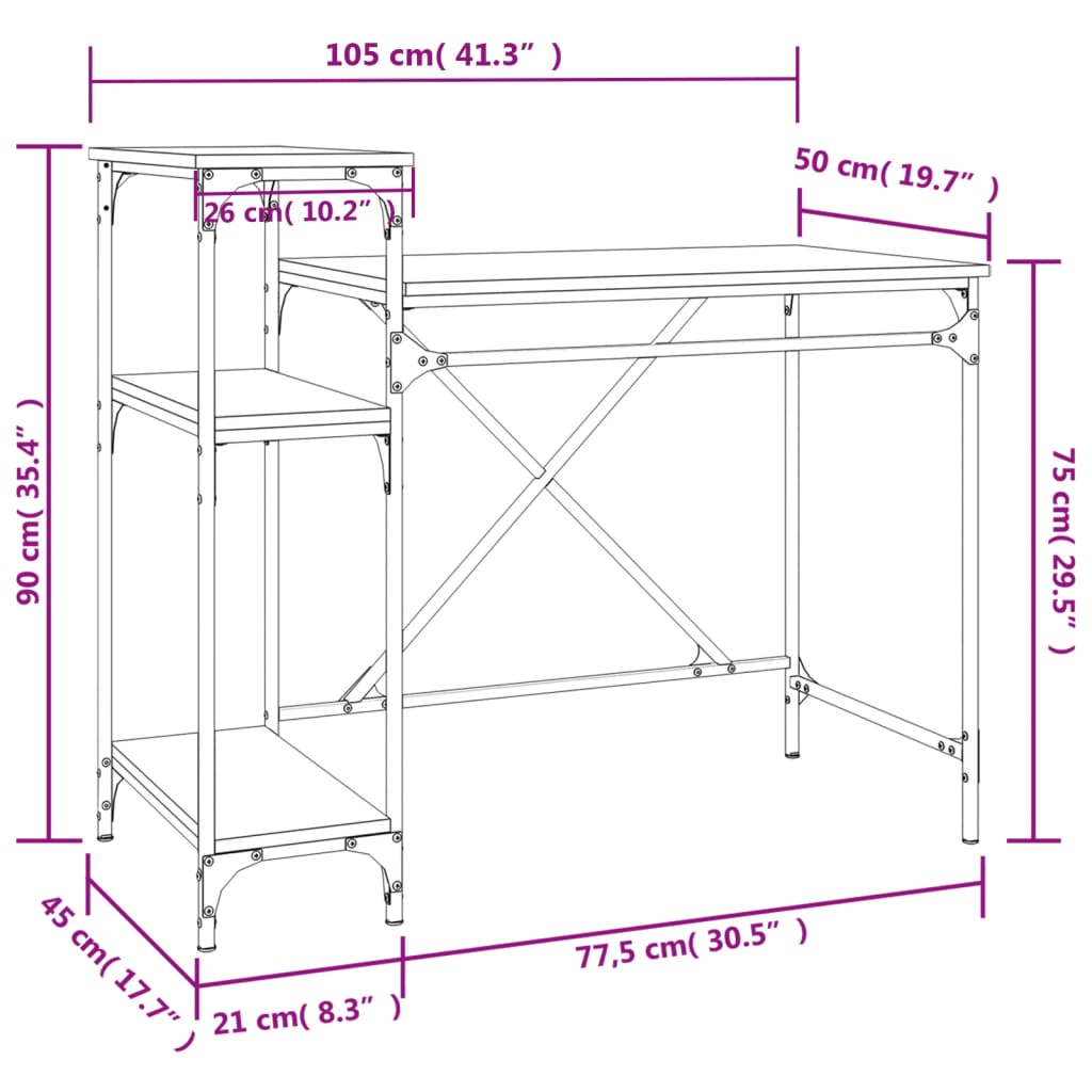 Skrivebord med hyller røkt eik 105x50x90 cm konstruert tre jern