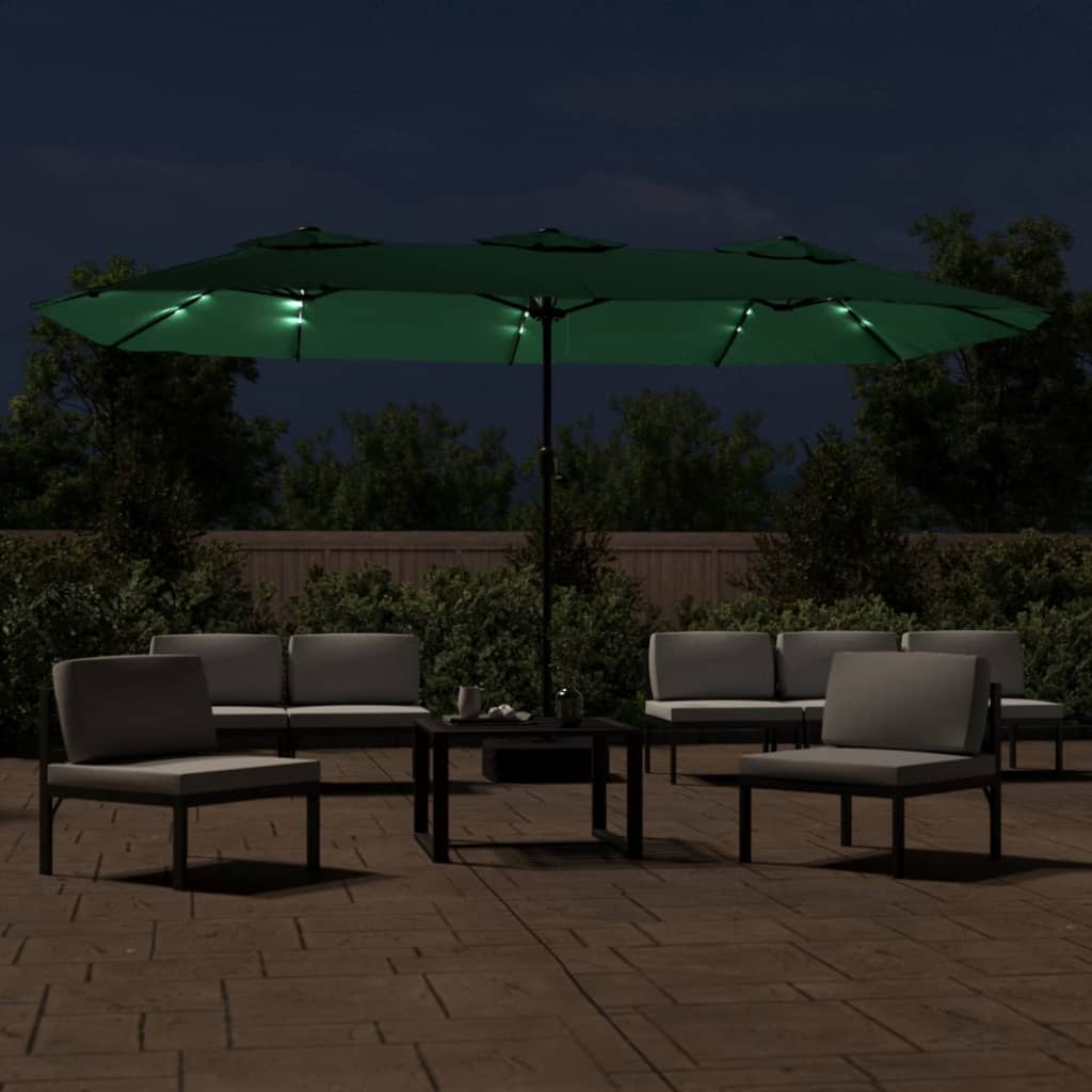 Hageparasoll dobbelt hode med LED grønn 449x265 cm vidaXL
