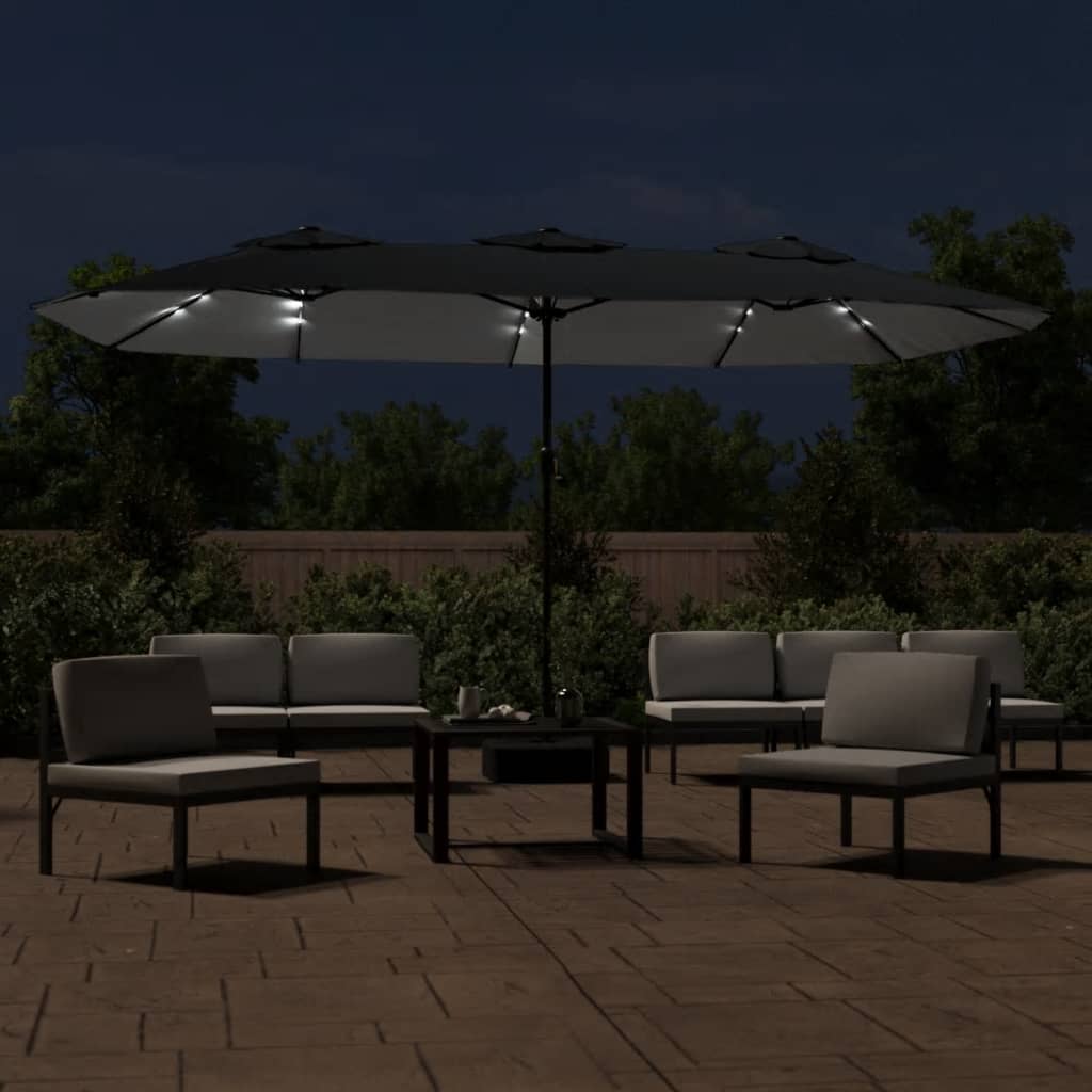 Hageparasoll dobbelt hode med LED svart 449x265 cm vidaXL