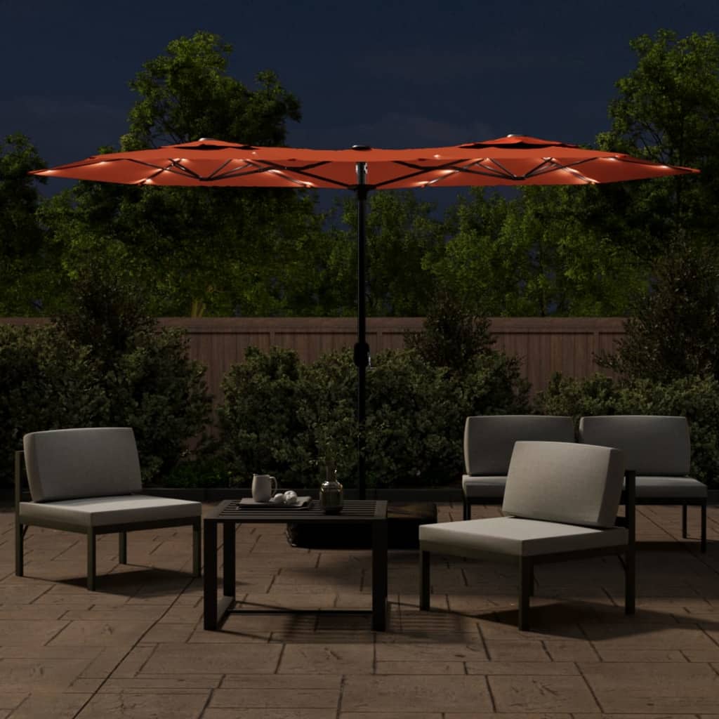 Hageparasoll dobbelt hode med LED terrakotta 316x145 cm