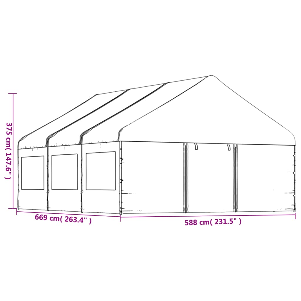 Paviljong med tak hvit 6,69x5,88x3,75 m polyetylen