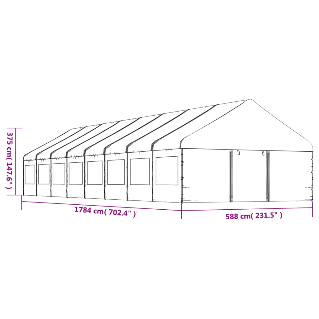 Paviljong med tak hvit 17,84x5,88x3,75 m polyetylen