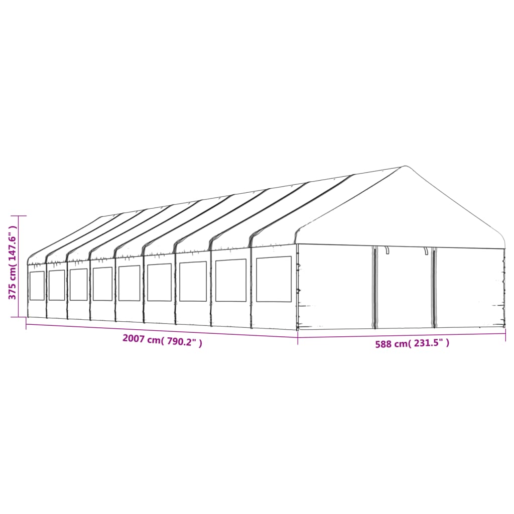 Paviljong med tak hvit 20,07x5,88x3,75 m polyetylen
