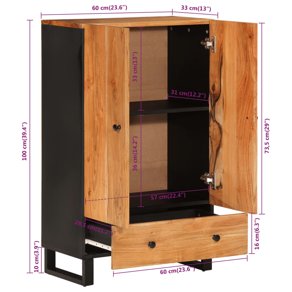 Highboard med skuff 60x33x100 cm heltre akasie og jern