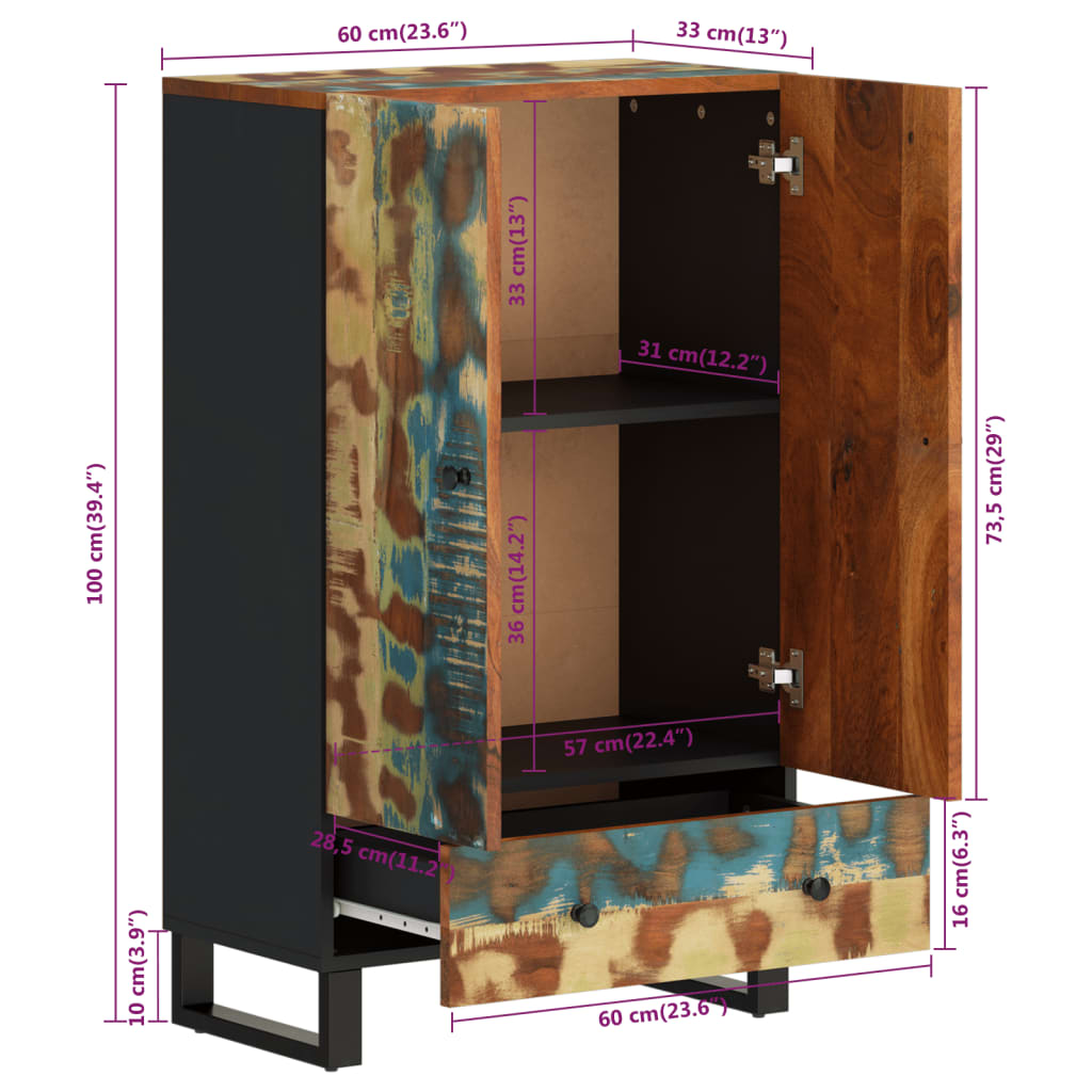 Highboard med skuff 60x33x100 cm gjenvunnet heltre og jern