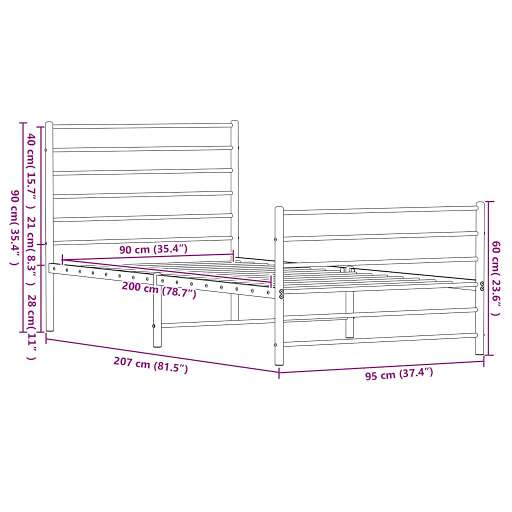 Sengeramme i metall med hode- og fotgavl svart 90x200 cm vidaXL