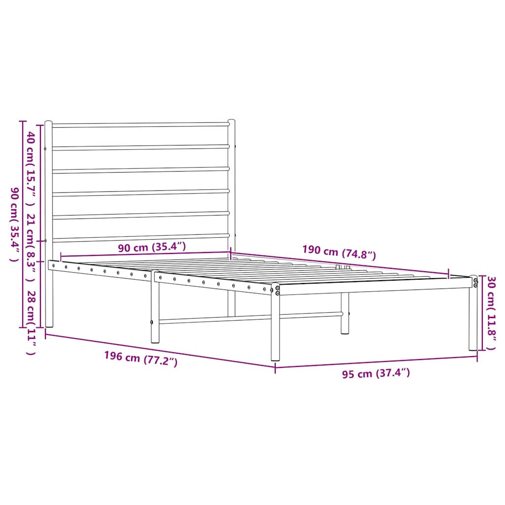 Sengeramme i metall med hodegavl hvit 90x190 cm vidaXL